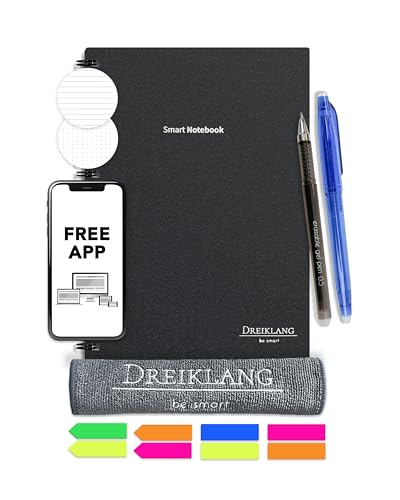 Dreiklang - be smart Wiederverwendbares Digitales elektronisches Notizbuch A 5 als Notebook mit Planer - iOS/Android App Cloud - Wiederbeschreibbar mit 2 Stiften, Haftnotizen und Mikrofasertuch