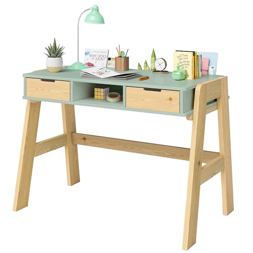 Bellabino Campo Kinderschreibtisch höhenverstellbar 56-75 cm – Schreibtisch Kinder ab 6 Jahren mit 2 Schubladen – Schülerschreibtisch mit viel Stauraum aus Massivholz Kiefer in Mintgrün