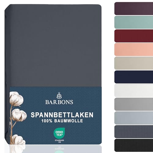 BARBONS Spannbettlaken 180x200cm - Spannbetttuch für Dicke Matratzen bis zu 27 cm 100% Baumwolle Oeko-TEX Zertifiziert Bettlaken Jersey Bettware Bettbezug für Boxspringbett - Dunkelgrau 180 x 200