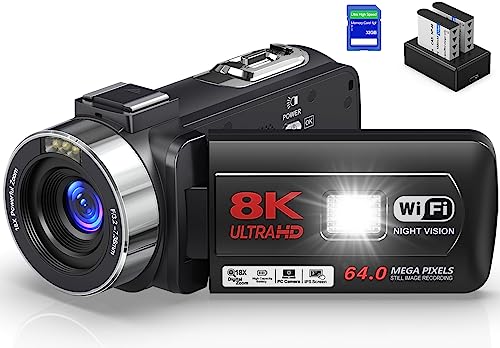 Videokamera 8K 64MP Camcorder 18X Digital Zoom IR-Nachtsicht WiFi Videokamera für YouTube 3,0 Zoll Touchscreen Vlogging-Kamera mit 32 GB SD-Karte, 2,4 G-Fernbedienung, Batterien und Externem Mikrofon