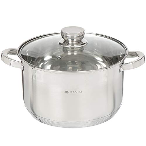 Daniks Standard Edelstahl Kochtopf | Topf Induktion mit Glasdeckel | 24 cm 6.5 Liter | Suppentopf Nudeltopf Pastatopf | Silber