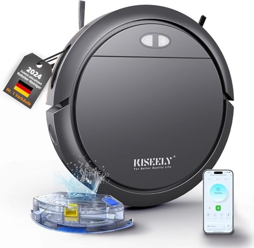 Kiseely Saugroboter mit Wischfunktion, 4000Pa Saugroboter mit Selbstaufladung, App-Steuerung, Saugroboter für Hartböden, Tierhaare und Teppiche mit niedrigem Flor (Schwarz HI9)