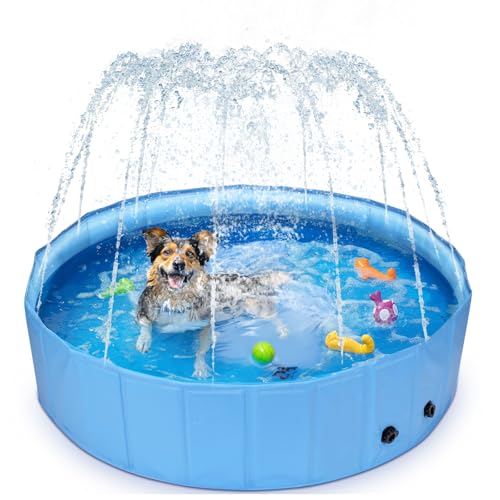 Nobleza Hundepool mit Sprinkler, Planschbecken für Große & Kleine Hunde, 2 in 1 Faltbarer und Tragbarer PVC Schwimmbecken für Hunde, rutschfeste Hundebadewanne für Den Somme, 120 * 30cm