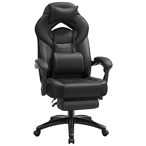 SONGMICS Gaming Stuhl, Bürostuhl mit Fußstütze, Schreibtischstuhl, ergonomisches Design, verstellbare Kopfstütze, Lendenstütze, bis zu 150 kg belastbar, schwarz OBG077B01