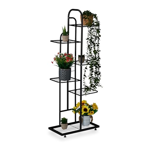 Relaxdays Blumenregal, 6 Ablagen für bis zu 7 Blumen- & Pflanzentöpfe, Metall, Pflanzentreppe, 109,5x44x22 cm, schwarz