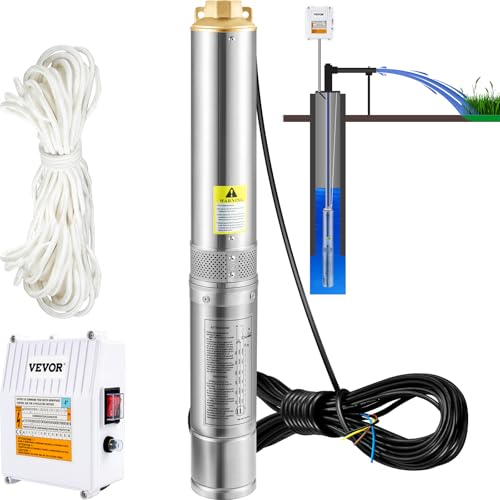 VEVOR 4' Tiefbrunnenpumpe 1100W Brunnenpumpe 190L/min Tauchpumpe max. Förderhöhe 57m Rohrpumpe 230V 50Hz Sandpumpe IP68 Wasserpumpe 0-40℃ Pumpe Ideal zur Bewässerung Wasser-Versorgung Entwässerung