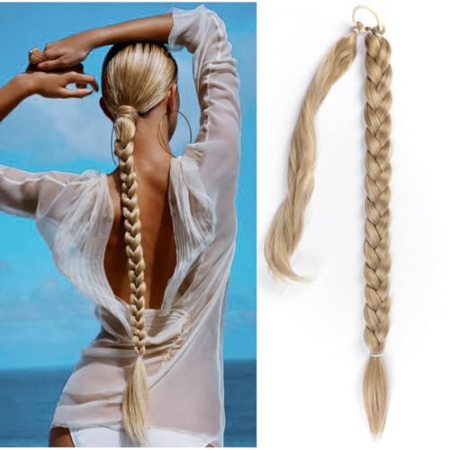 Wekuw Haarverlängerung (Gold) Echthaar Zopf Braids Extensions Haarteil Mit Gummiband Dreadlocks Extension Haargummi Mit Haaren Haare zum Einflechten Haarteil Blond Fake Zopf Kunsthaar Zopf