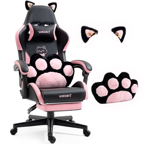 Vigosit Cute Gaming Stuhl mit Katzenpfote Lendenkissen und Katzenohren, Ergonomische Gamer Stuhl mit Fußstütze, Zurücklehnen PC-Spiel Stuhl für Mädchen, Teenager, Kinder, schwarz rosa