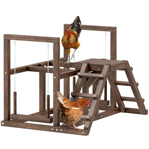 PawHut Hühner-Spielgerüst aus Holz, Spielplatz für Hühner mit Hühnerstangen, Schaukel, Leiter, Plattformen Hühner-Klettergerüst für 3 Hühner Braun