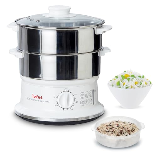 Tefal Dampfgarer elektrisch, 2 Edelstahlbehälter, 6L Fassungsvermögen, Dampfkocher mit 24cm Durchmesser, Timer und automatische Abschaltung, 900W, weiß, VC1451