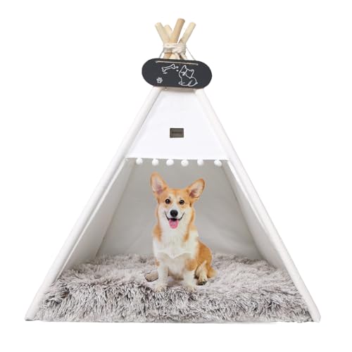 Whiwhi Tipi Zelt für Haustiere+Plüsch Hundedecke Wasserdicht Hundezelt Katzenzelt Haustierzelte Häuser mit Hundebett Haustier Zelt Möbel Abnehmbar 60x60x70cm