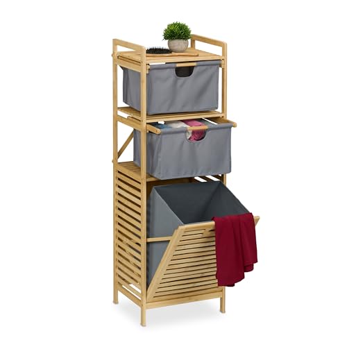 Relaxdays Wäschekorb, kippbarer Wäschesammler, 30 l, Ablage & 2 Schubladen, Bambus, Stoff, HBT: 120x40x33 cm, Natur/grau