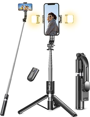 Selfie Stick Stativ mit 2 Fülllicht, Verbessertem Stabil Handy Stative mit Abnehmbarer Fernbedienung, 114cm Stativ für Smartphone Kompatibel mit iPhone Samsung & Android Smartphones