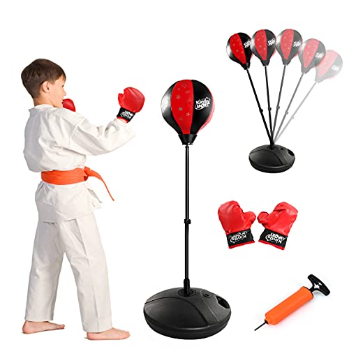 RELAX4LIFE Boxing Ball Set, Punchingball mit Boxhandschuhen & Luftpumpe, höhenverstellbarer Standboxball: 81-123 cm, Standboxsack mit befüllbarem Ständer, Punching Birne für Kinder ab 3 Jahre, rot