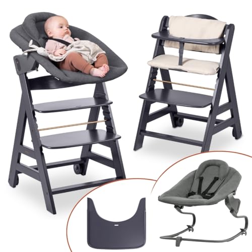 hauck Hochstuhl Beta+ Newborn Set Premium Dark Grey - Babyhochstuhl Set ab Geburt mit Neugeborenen Aufsatz Bouncer, Sitzpolster und Essbrett - Dark Grey