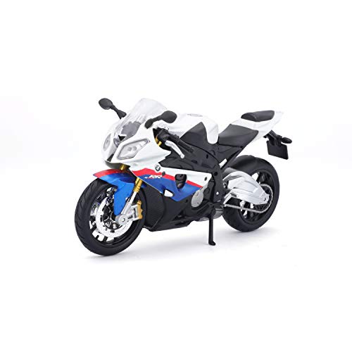 Maisto BMW S1000 RR: Originalgetreues Motorradmodell 1:12, mit beweglichem Ständer, Federung und frei rollenden Rädern, 17 cm, weiß-blau (531191), Mittel