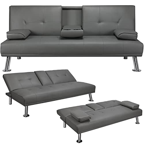 Yaheetech 3er-Sofa Schlafsofa Couch mit Tassenhalter Gästebett, Rückenlehne neigbar 105°/140°/180°, 167 x 81,5 x 75 cm, 350 KG belastbar, grau Kunstleder