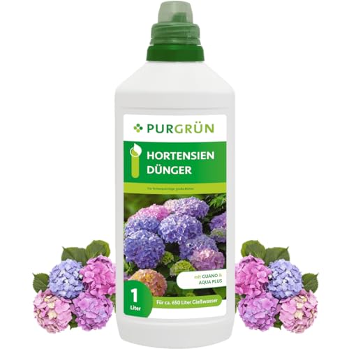 Purgrün® Hortensiendünger | Wunderelixier für Farbexplosion & Vitalität | Organisch-mineralische Rezeptur | Premium-Flüssigdünger mit Spurennährstoffen | NPK 8+8+6 | Mit Guano & Aqua Plus | 1 Liter