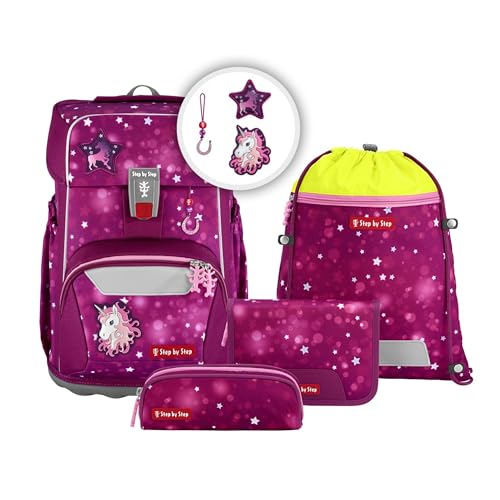 Step by Step Giant Schulranzen-Set „Sweet Unicorn Nuala“, 5-teilig, rosa, ergonomischer Tornister mit Reflektoren, höhenverstellbar mit Hüft- und Brustgurt, für Mädchen ab der 1. Klasse, 23 Liter