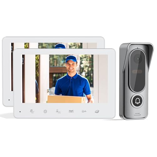 JeaTone 1080P Video Türsprechanlage mit 2*7-Zoll Monitor Türsprechanlage mit Kamera,4-Draht Technik Gegensprechanlage,Bewegungserkennung,Nachtsicht und 2-Wege-Audio,Entsperren durch Monitor,1 Familie