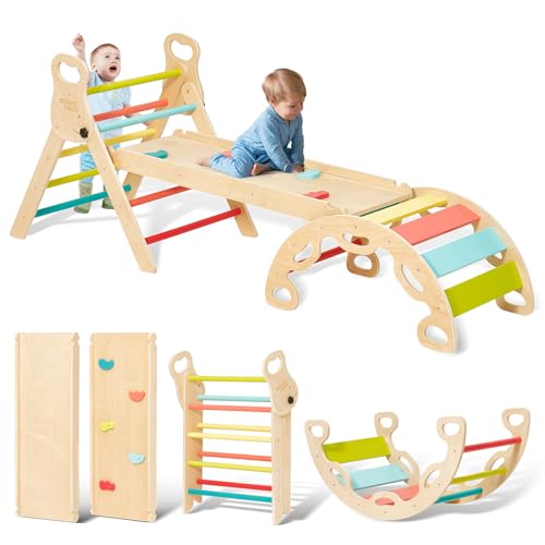 Giant bean 5-in-1 Montessori Kletterdreieck mit Kletterbogen und Rutsche, Holzdreieck für Kleinkinder ab 1-3, Indoor Kletterspielzeug, Regenbogen mit Griff, Hellbraun, S