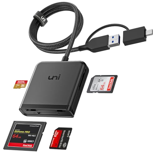 uni SD Kartenleser, 4-in-1 USB C Kartenlesegerät USB 3.0 mit 60cm Nylonkabel [Lesen gleichzeitig/Dual Stecker/Highspeed] Card Reader für SD/Micro SD/CF/MS Pro Duo/SDHC/SDXC/MMC ect.
