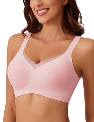 MOEOZLLO Mesh V Ausschnitt BH Damen Ohne Bügel Softschalen Bustier Damen High Elastizität BH Ohne Bügel Mit Zusätzlicher BH-Verlängerung（Rosa,XL