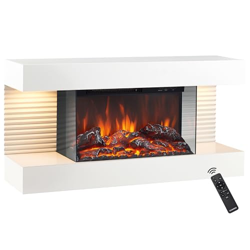 KAMINIO Elektrokamin Liz - Elektrischer Wandkamin mit Heizung, 3D-Flammeneffekt, LED-Ambientelicht, Fernbedienung (Weiß)