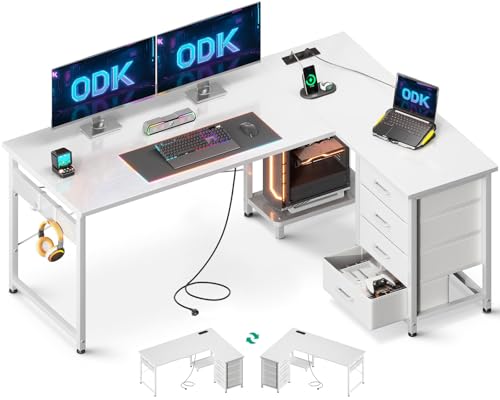ODK Eckschreibtisch mit 4 Schubladen, 135×100 cm Schreibtisch L Form mit Steckdose und USB-Ladeanschluss, Reversibler Schreibtisch mit Stauraum für Homeoffice, Bianco