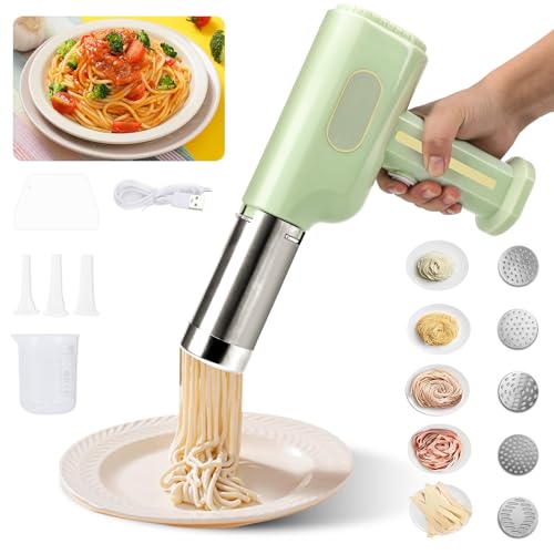 Kswiown Hand Nudelmaschine Elektrische, Tragbare Elektrische NudelPresse 2600mAh, Aufladbar Handheld Pasta Nudel Maschine, 5 Pressformen, 4 Zubehörteilen
