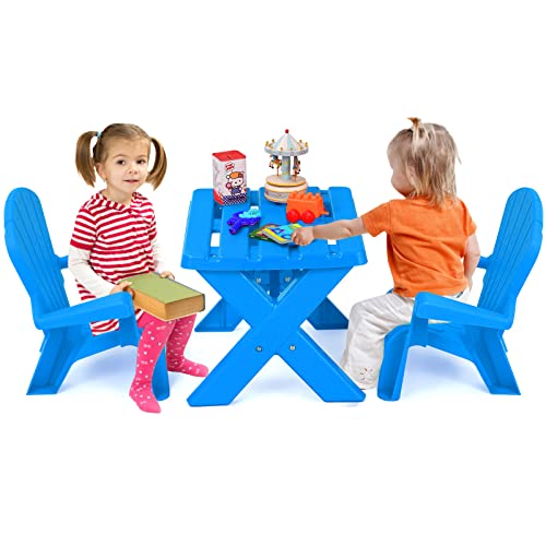 COSTWAY 3 TLG. Kindersitzgruppe, Kindertisch mit 2 Adirondack-Stühlen, Kindertischgruppe aus Kunststoff, Kindermöbel Kinder Tischset, für Kindergarten Kinderzimmer Garten Rasen (Blue)