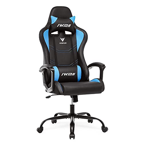 IWMH Gaming Stuhl, Ergonomischer Computerstuhl mit Hoher Rücklehne, Höhenverstellbarer Drehstuhl, Racing Stuhl mit Armlehnen, Verstellbarer Kopfstütze und Lendenstütze (Blau)