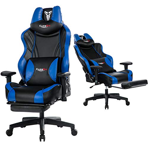 KCREAM Gaming Stuhl 200kg Belastbarkeit, PC Stuhl Ergonomischer Gaming Sessel mit Fußstütze, Drehbarer Schreibtischstuhl mit Rollen, Gamingstuhl mit Kopfstütze und Lumbalkissen,Blau