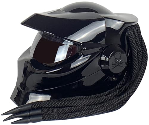 Motorrad-Integralhelm Integrierter Zöpfe Und Warnlichter ECE-Zugelassen Individuell Anpassbarer Motorradhelm Für Erwachsene Straßen-Offroad Männer Frauen Gloss Black,XL