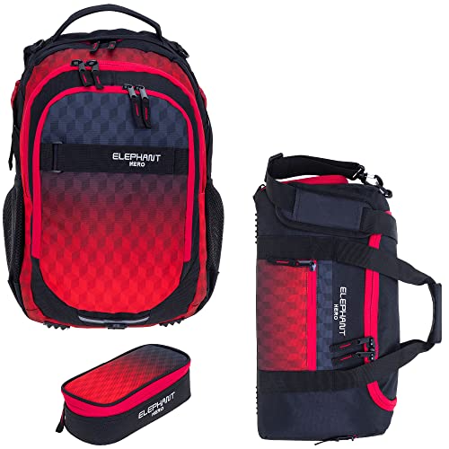Elephant 3 Teile Set Schulrucksack Jungen Mädchen Signature Hero 2 Schultasche Laptopfach Rucksack + Sporttasche + Mäppchen Box (Red Cube 12868 (Rot Schwarz))