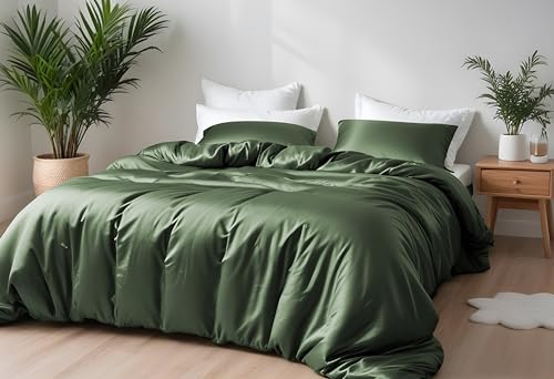LINENWALAS Bamboo Bed Linen Set, Premium Bamboo Silk Duvet Cover Set with Pillowcase, 2-Piece Bedding Set, 135 x 200 cm Luxury, Soft, Cooling Quilt Cover (Avocado Green)