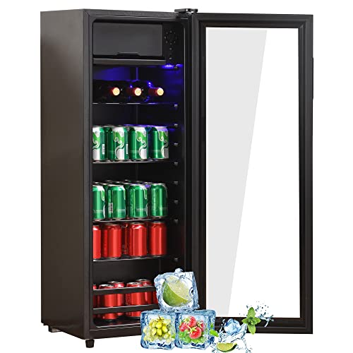 Merax Kühlschrank 128L, Freistehend Getränkekühler mit 120L-Kühlschrank + 8L-Gefrierschrank, mit LED-Innenbeleuchtung und Verstellbare Einlegeböden, Superleise für Restaurant, Bar, Getränke und Bier
