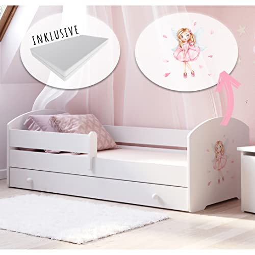 Kids Collective Kinderbett 80x160 cm mit Matratze und Schublade, Rausfallschutz & Lattenrost mit Prinzessinnen Motiv, Bett für Mädchen, Prinzessin | von 3. bis 10. Lebensjahr