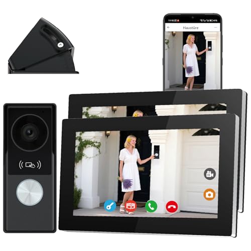 2-Draht Video Türklingel Gegensprechanlage für Smartphones, 7-Zoll-Touchscreen mit Nachtsichtunterstützung, Fernentriegelung,Zweiwege-Gegensprechanlage für Villen 1 Kamera und 2 Monitoren
