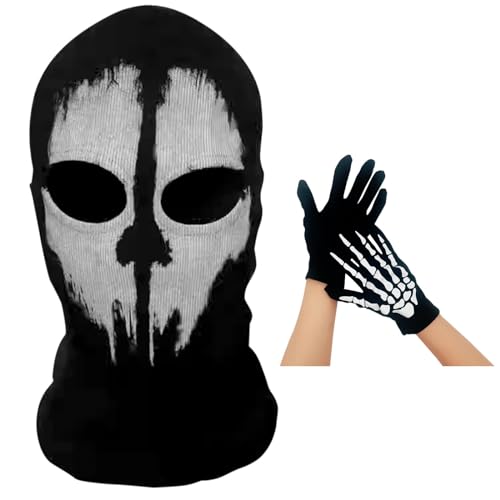 GWAWG COD Geistermaske, Totenkopf-Sturmhaube, MW2, Skelett-Kostüm, Vollkopf-Ski-Schlauchmaske, gestrickt, winddicht, wärmend, Kopfbedeckung mit Skelett-Handschuhen für Fahrrad, Skateboard, Motorrad,