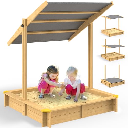 Spielwerk® Sandkasten Samu Sonnendach 120x120cm naturbelassenes Holz Füllstand Skala UV 50 Kantenschutz Bodenvlies Sandspielzeug Kinder Sandbox Sandkiste