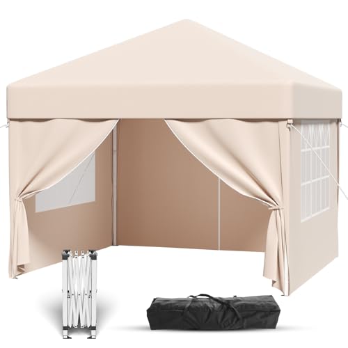 TRIUMPHKEY Pavillon 3x3 Wasserdicht Stabil Winterfest | Pop-Up Faltpavillon Höhenverstellbar | Gartenzelt UV Schutz 50+ | Pavillion mit Tragetasche | Pavillon Faltbar für Outdoor Camping,Beige