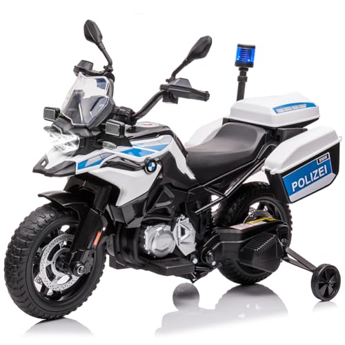 12V 7AH Kindermotorrad, Polizeimotorrad zum Aufsitzen, Lizenziertes BMW Kinderauto, Eva-Reifen, 2 Aufbewahrungsboxen, Warnleuchten und LED-Scheinwerfern, Federaufhängung, für Jungen und Mädchen