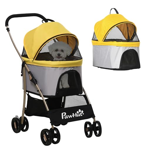 PawHut Hundewagen, 2 in 1 Hundetrolley, Tragetasche, faltbarer Hundebuggy mit Kissen, Katzenwagen für kleine Hunde, Katzen, Katzenbuggy mit 4 Rädern, Netzfenster, Oxfordstoff, Gelb