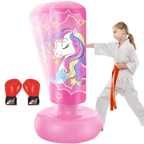 YORWHIN 168cm Aufblasbarer Kinder Boxsack mit Boxhandschuhen, Freistehender BoxSack, Standboxsack Spielzeug, Großes Geschenk für Kinder, Mädchen, Boxset zum Üben von Karate, Taekwondo, MMA