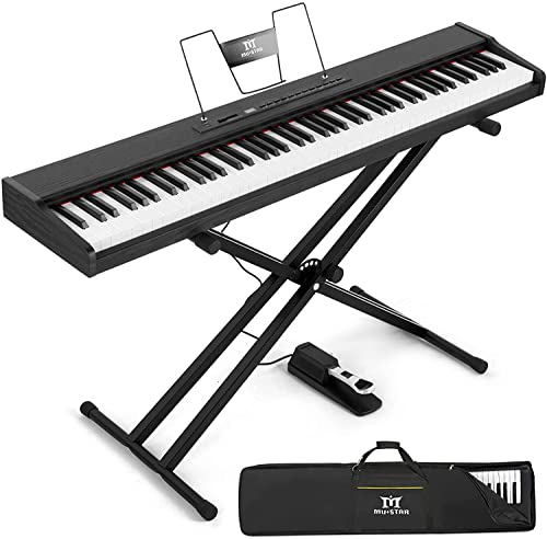 MUSTAR E Piano Digital Piano 88 Tasten, Keyboard mit halbgewichteten Tasten & Bluetooth, Portable Piano Set mit Sustain Pedal, Keyboardständer und Tragetasche, Schwarz