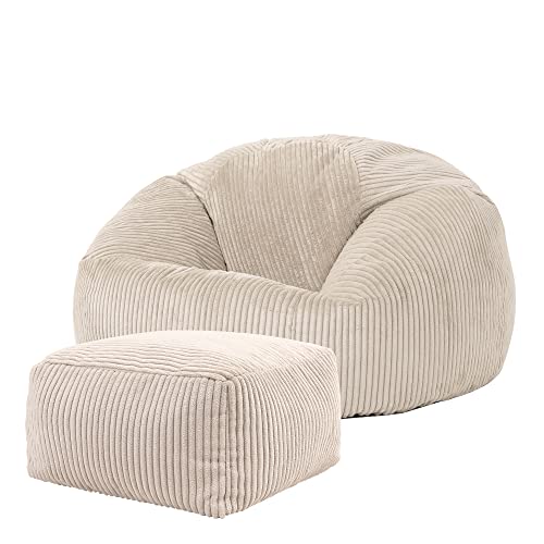 Icon Kingston Sitzsack mit Hocker Cord, Beige, Sitzsack Erwachsene mit Füllung, Bean Bag, Cord Sessel, Lounge Sessel, Lounge Stuhl, Schlafzimmer, Wohnzimmer, Wohnzimmer Möbel