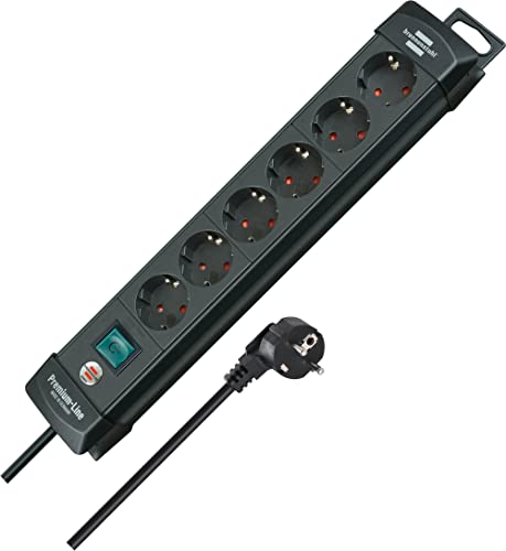 Brennenstuhl Premium-Line, Steckdosenleiste 6-Fach für die Wandmontage (Mehrfachsteckdose mit Schalter und 3m Kabel, Made in Germany) schwarz
