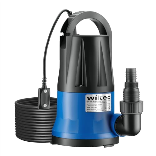 Wiltec Tauchpumpe 400 W, Schmutzwasserpumpe mit max. Fördermenge 6000 l/h, Pumpe zum Absaugen von Wasser max. Förderhöhe 7 m, Flachsaugpumpe für Keller