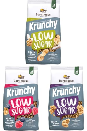 Barnhouse Krunchy Kennenlernpaket Low Sugar, zuckerarmes Bio Hafer-Knuspermüsli aus Bayern